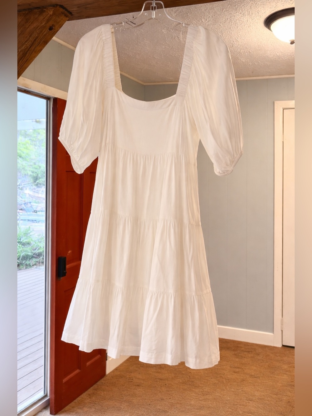 Shinestar White Puff Sleeve Tiered Midi Dress